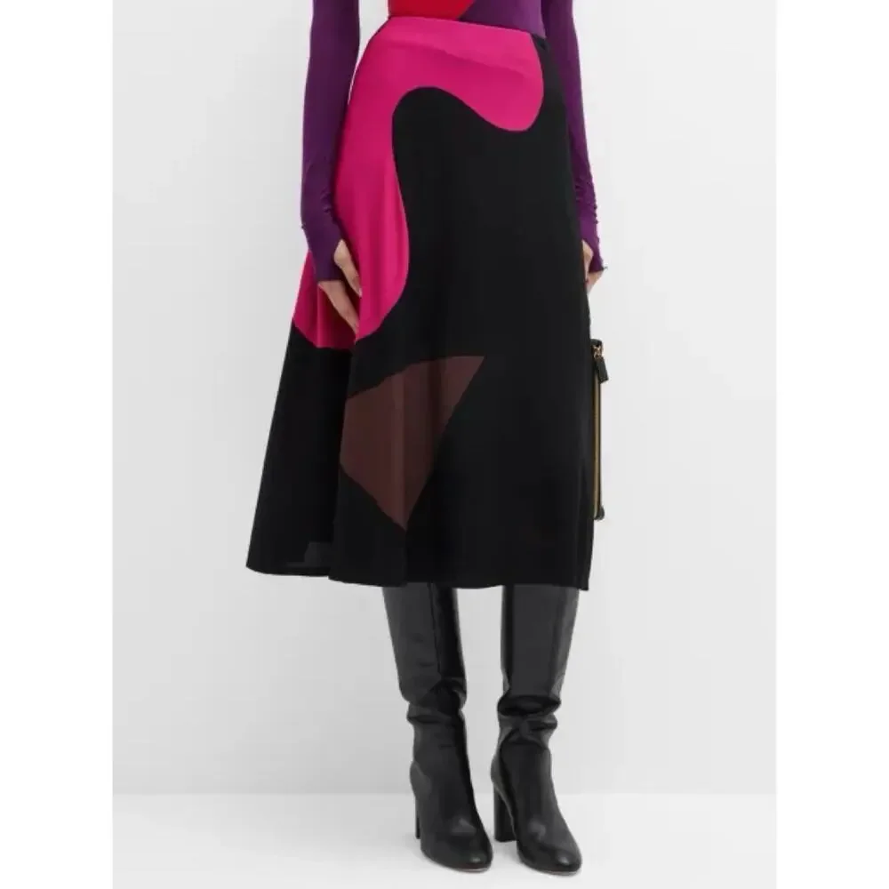 Tory Burch Colorblock Knit Crepe Midi Skirt Black Brown Pink 6 $998